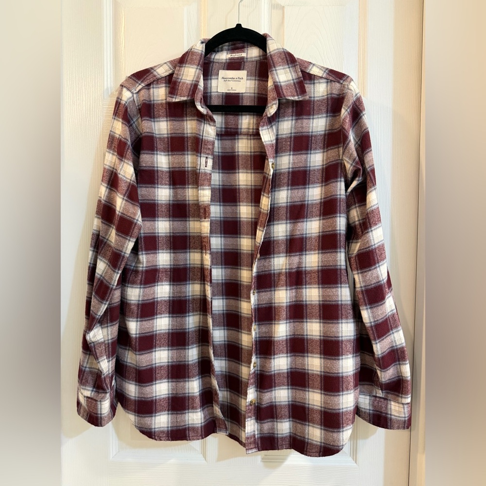 Abercrombie & Fitch Maroon and White Flannel Plaid Shirt